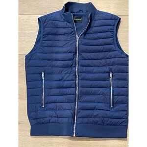 Tahari Mens Navy Blue Quilted Puffer Vest Mixed Media Full Zip Mock Neck Jacket